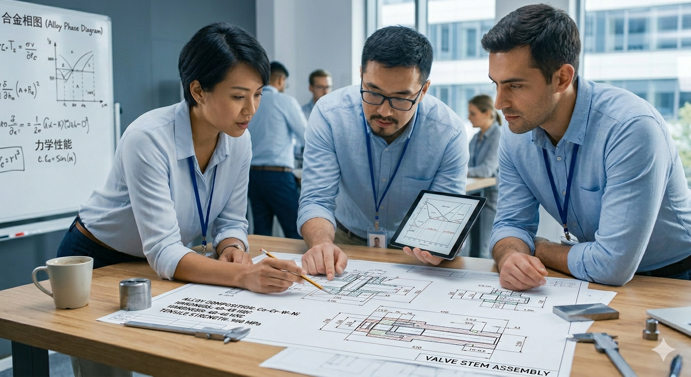 Technical Capability Assessment Engineers reviewing custom alloy technical drawings