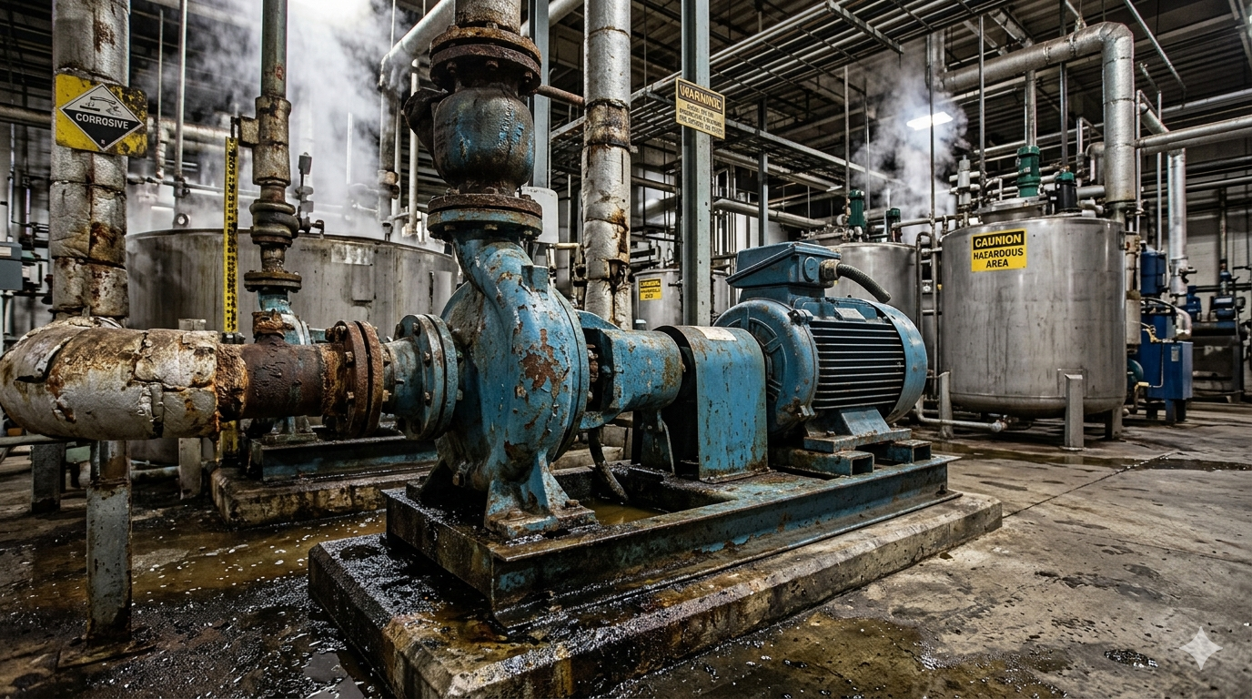 Industrial Pump in Chemical Plant An industrial pump operating in a harsh chemical processing plant environment