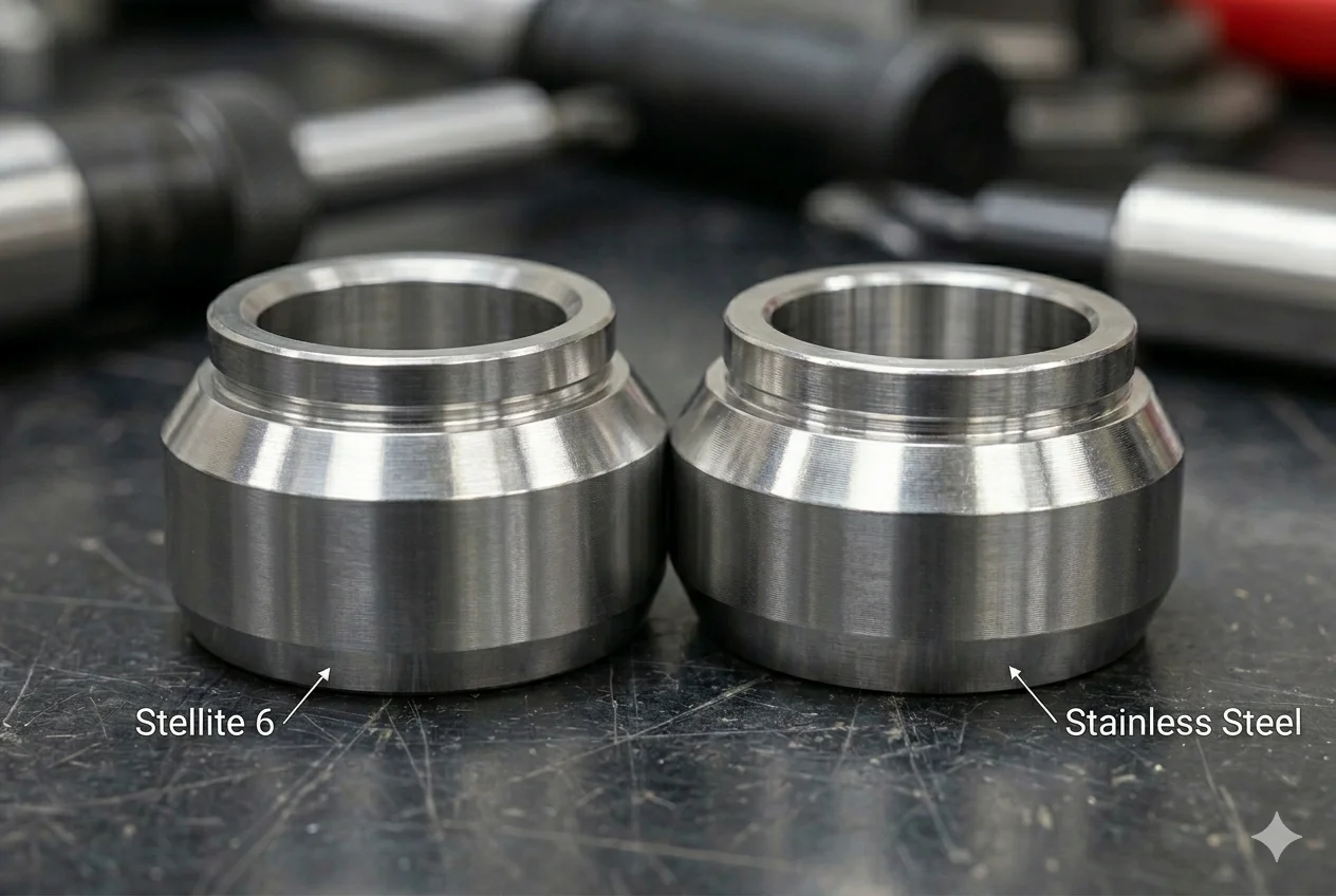 A close-up of a Stellite 6 valve component next to a stainless steel one, highlighting their different finishes.