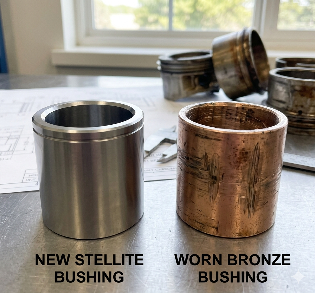 Stellite vs Bronze Bushing Comparison A side-by-side comparison of a new Stellite bushing and a worn bronze bushing