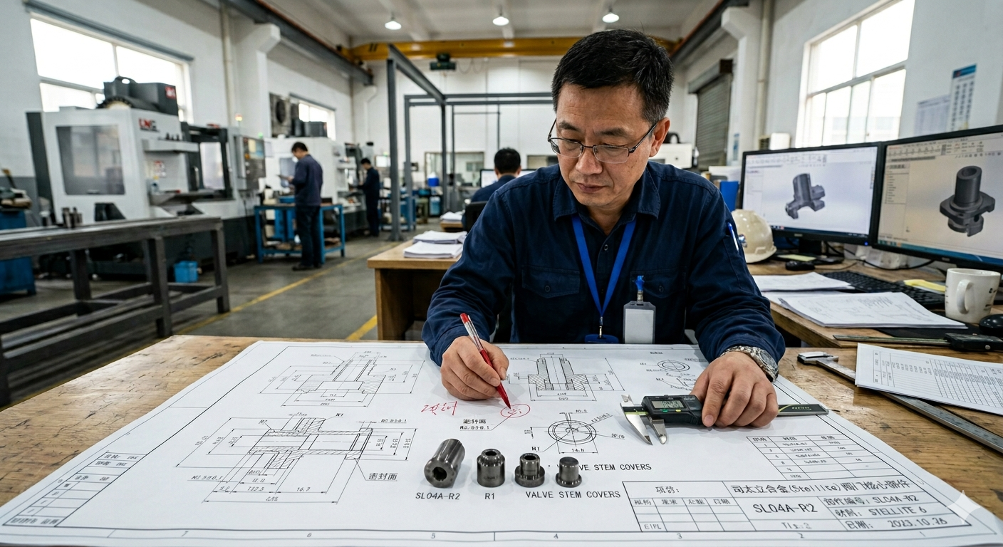 Engineers reviewing technical drawings for Stellite alloy parts