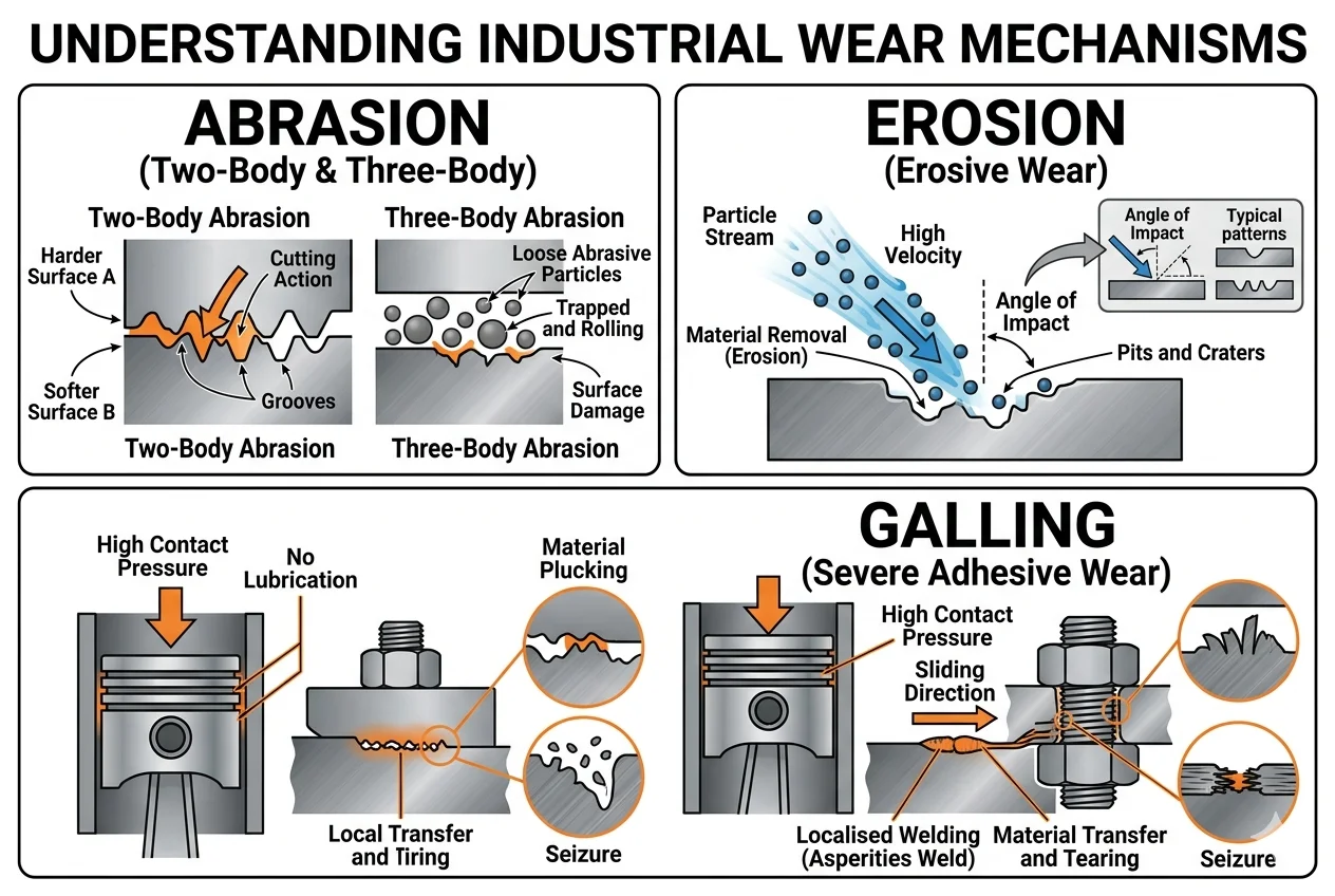 An illustration showing different types of industrial wear like abrasion, erosion, and galling.