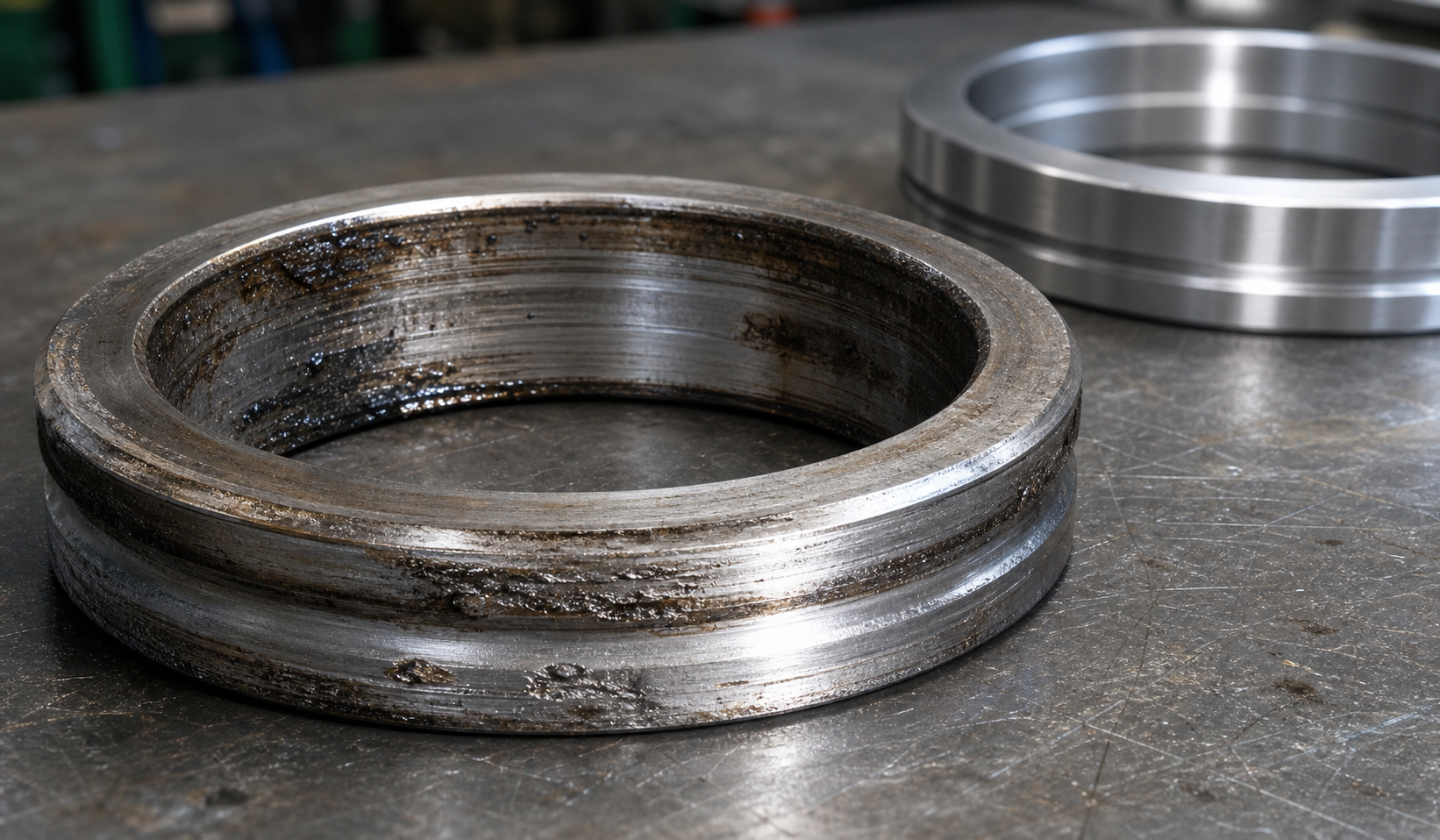 Used seal ring with realistic scoring, galling marks, and oil residue on the sealing face