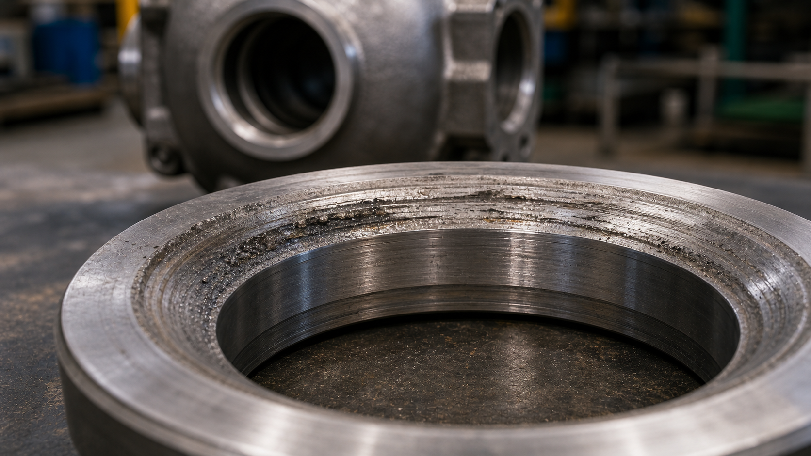 Worn severe service valve seat sealing surface with scoring and galling damage.