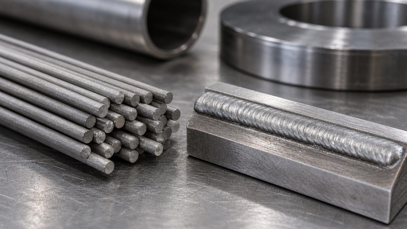 Stellite 6 welding rods beside a hardfaced cobalt alloy weld deposit sample.