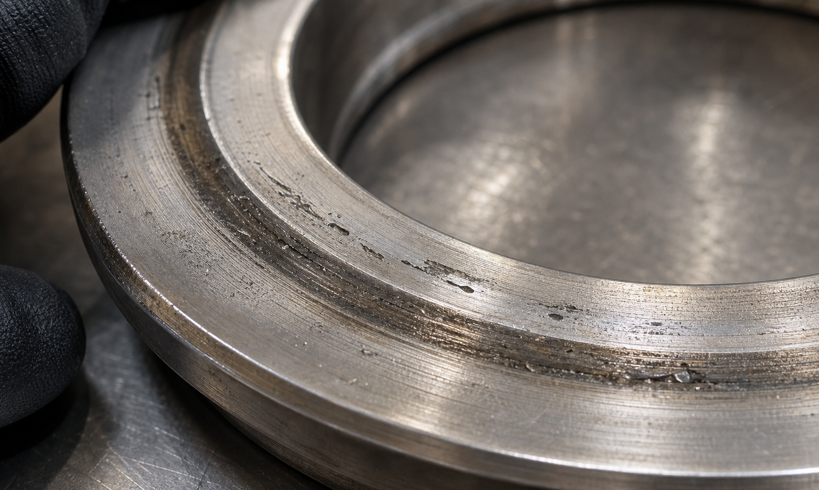 Damaged valve seat sealing surface showing wear marks that can become leakage paths