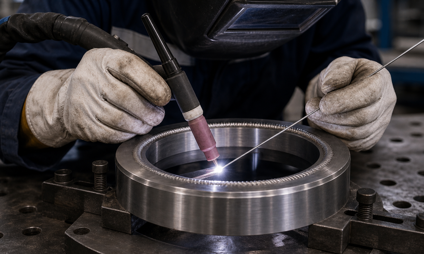 Welder applying Stellite 6 hardfacing to a valve seat with filler rod.
