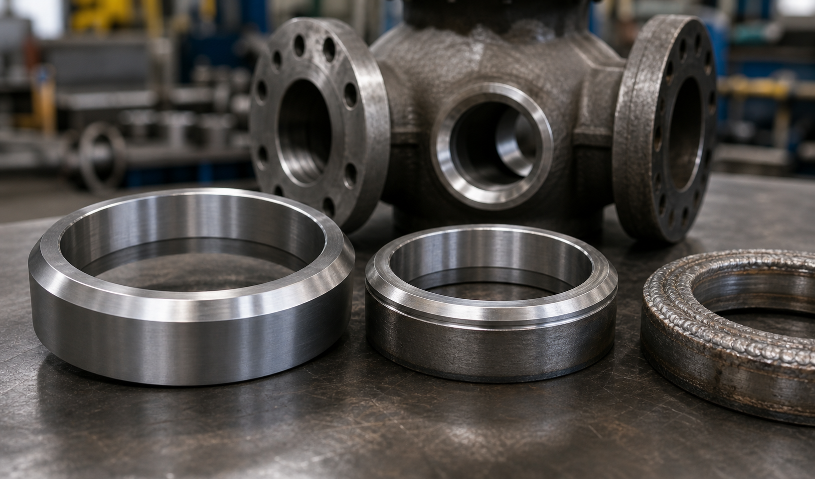 Solid and hardfaced cobalt alloy valve seat rings beside a severe service valve body.