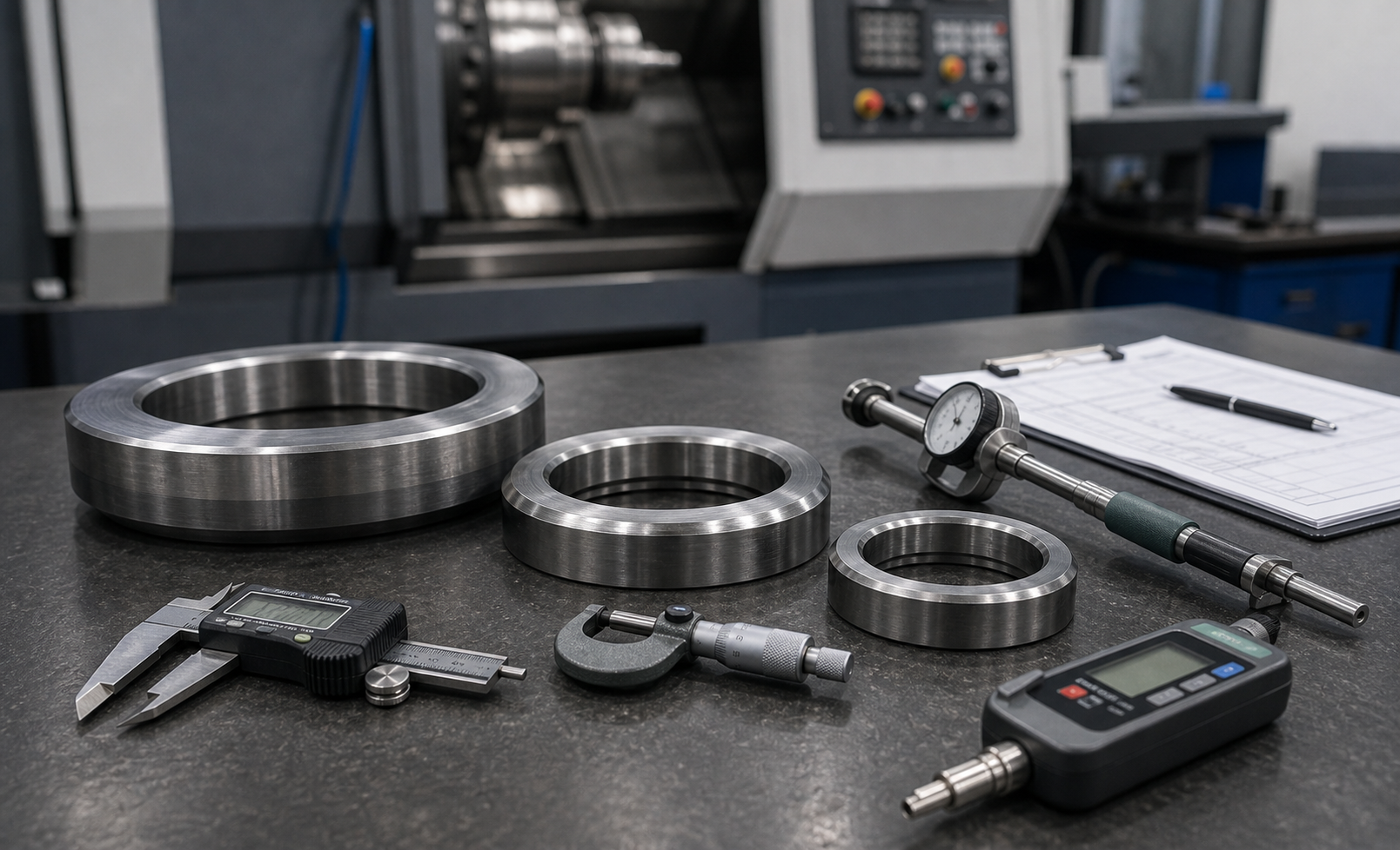 Cobalt alloy valve seat rings inspected with calipers, micrometer, and bore gauge.