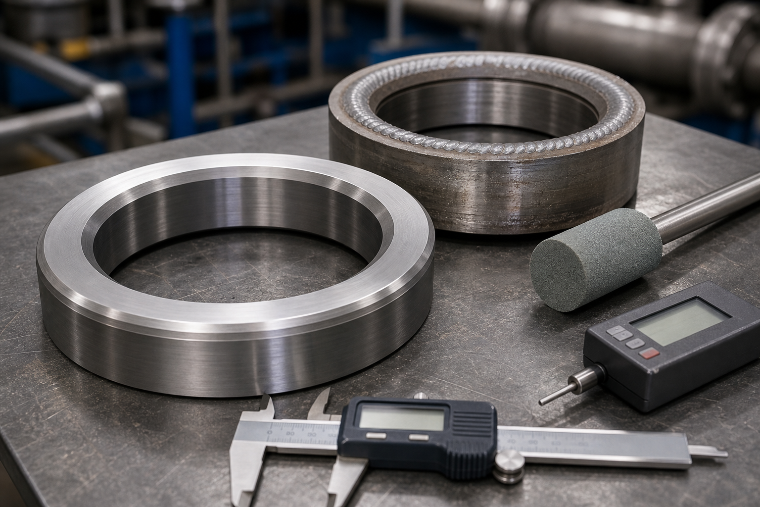 Hardfaced valve seat after grinding with inspection tools on a workbench.