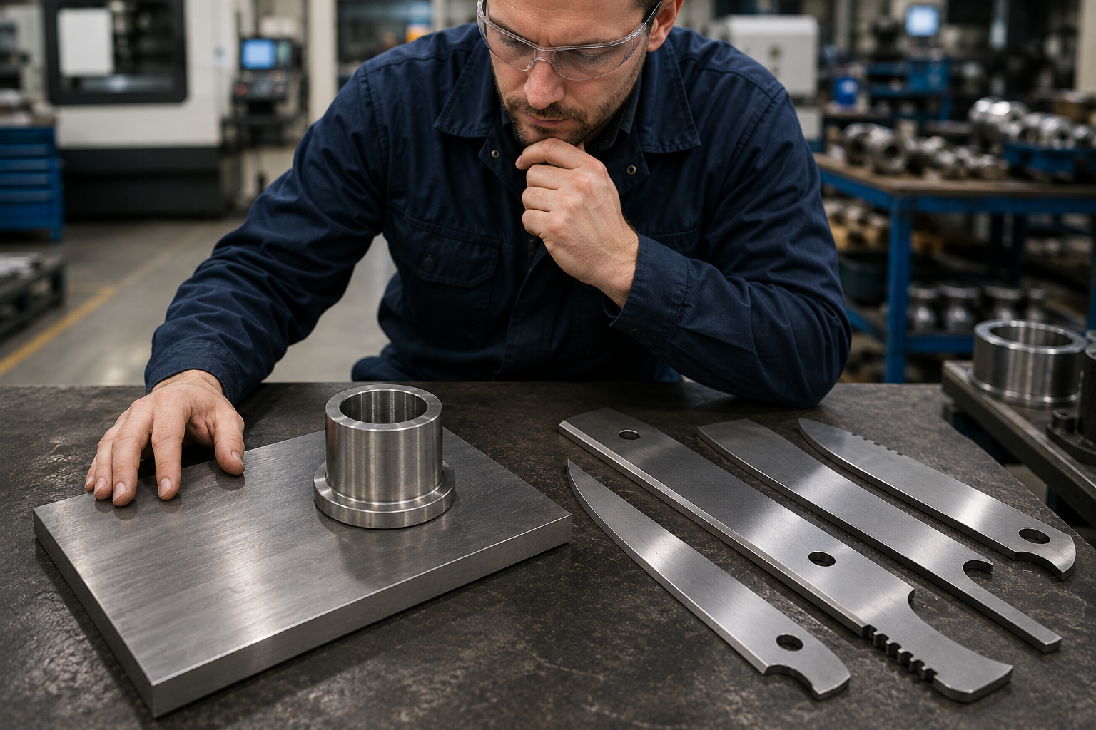 An engineer comparing a Stellite 6B wear plate and a Stellite 6K knife