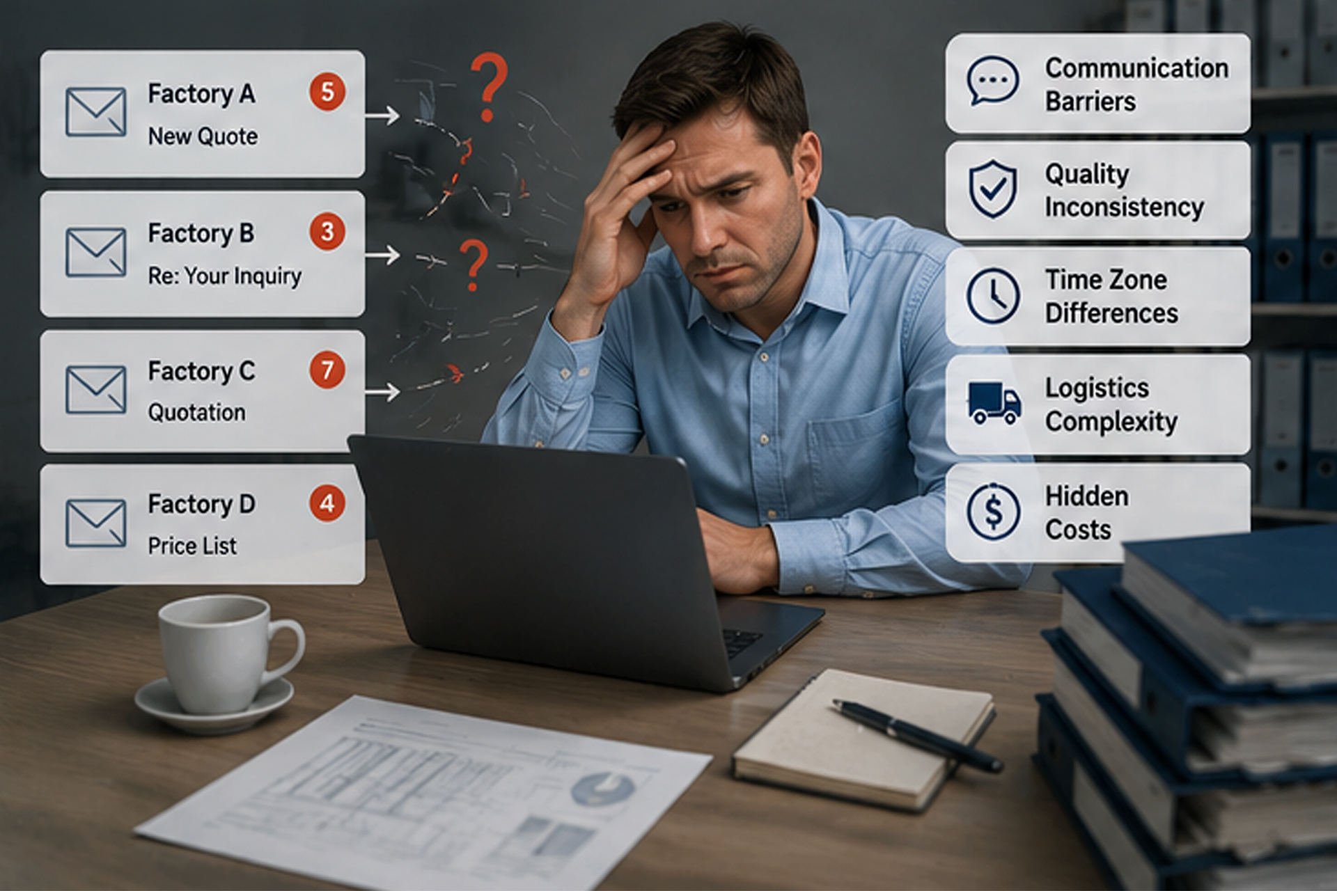 A manager looking stressed at a computer with many emails