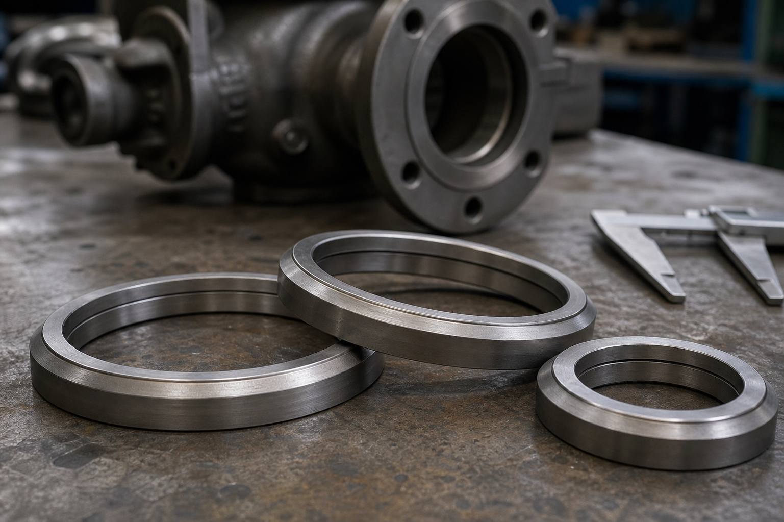 Machined Stellite 6 hardfaced valve seat rings with visible working surfaces on an industrial bench