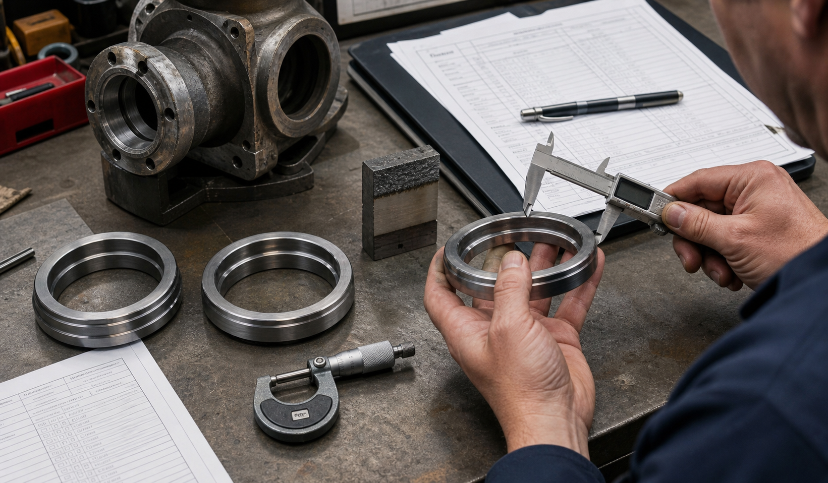 Engineer reviewing valve seat rings, hardfacing samples, and measurement tools before project approval