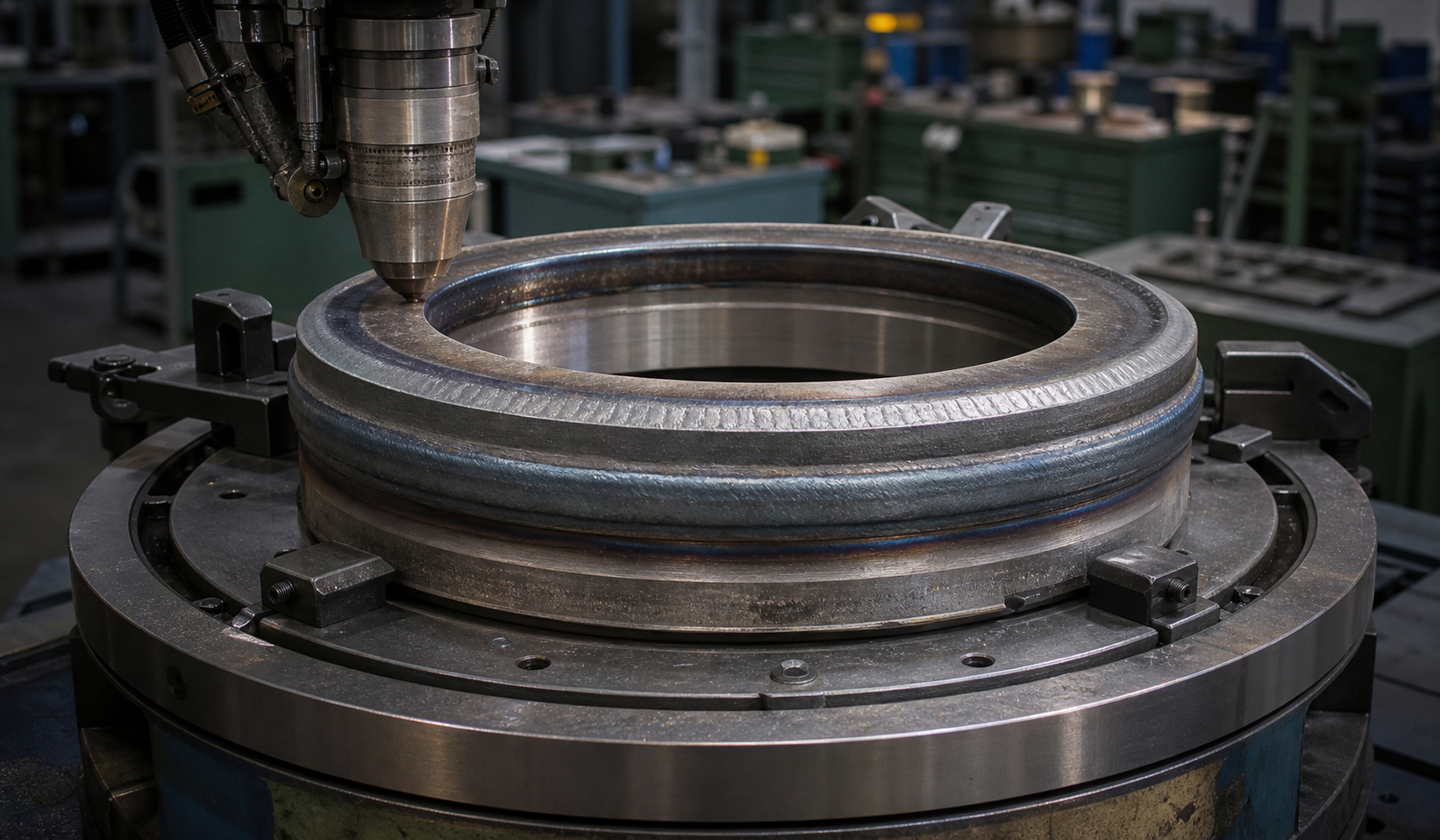 Stellite 6 hardfacing overlay on a valve seat ring before final machining