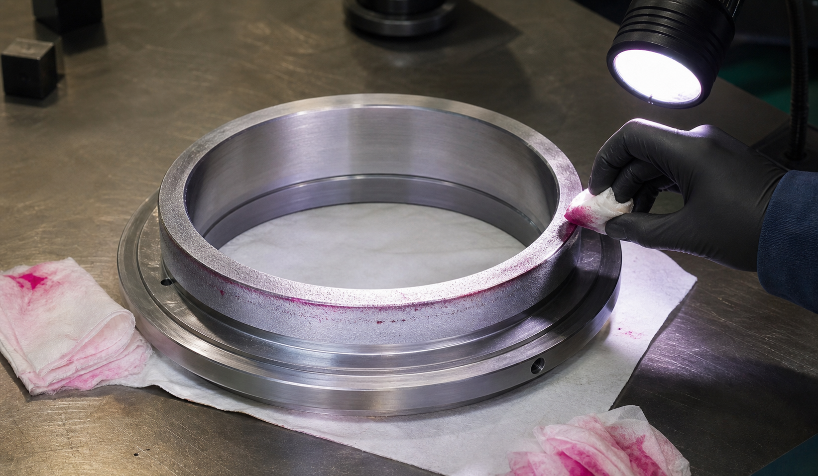 Dye penetrant inspection of a hardfaced valve seat sealing band during quality control