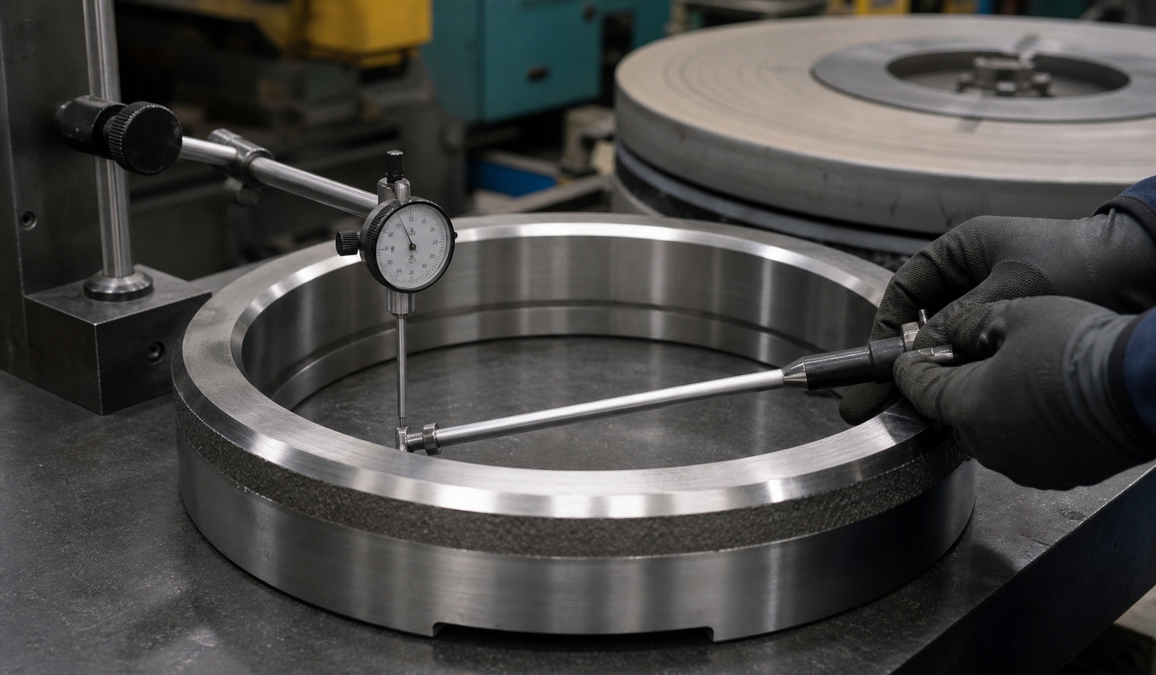 Finished Stellite 6 hardfaced valve seat measured with dial indicator and bore gauge after machining
