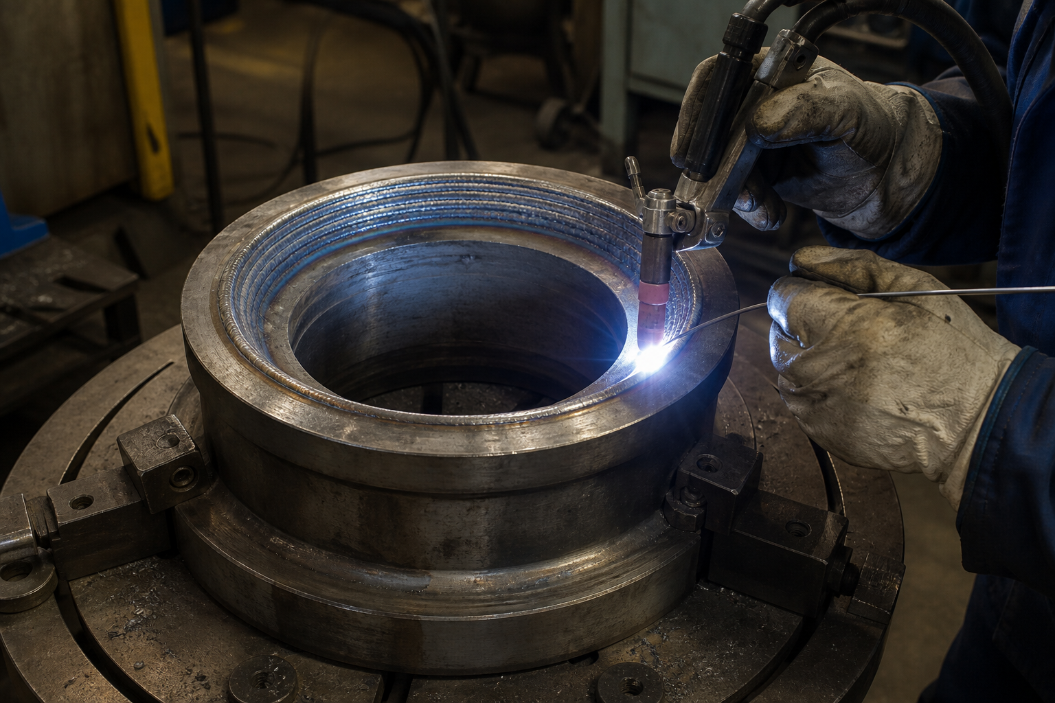 Cobalt alloy hardfacing applied to a circular high-wear valve seat