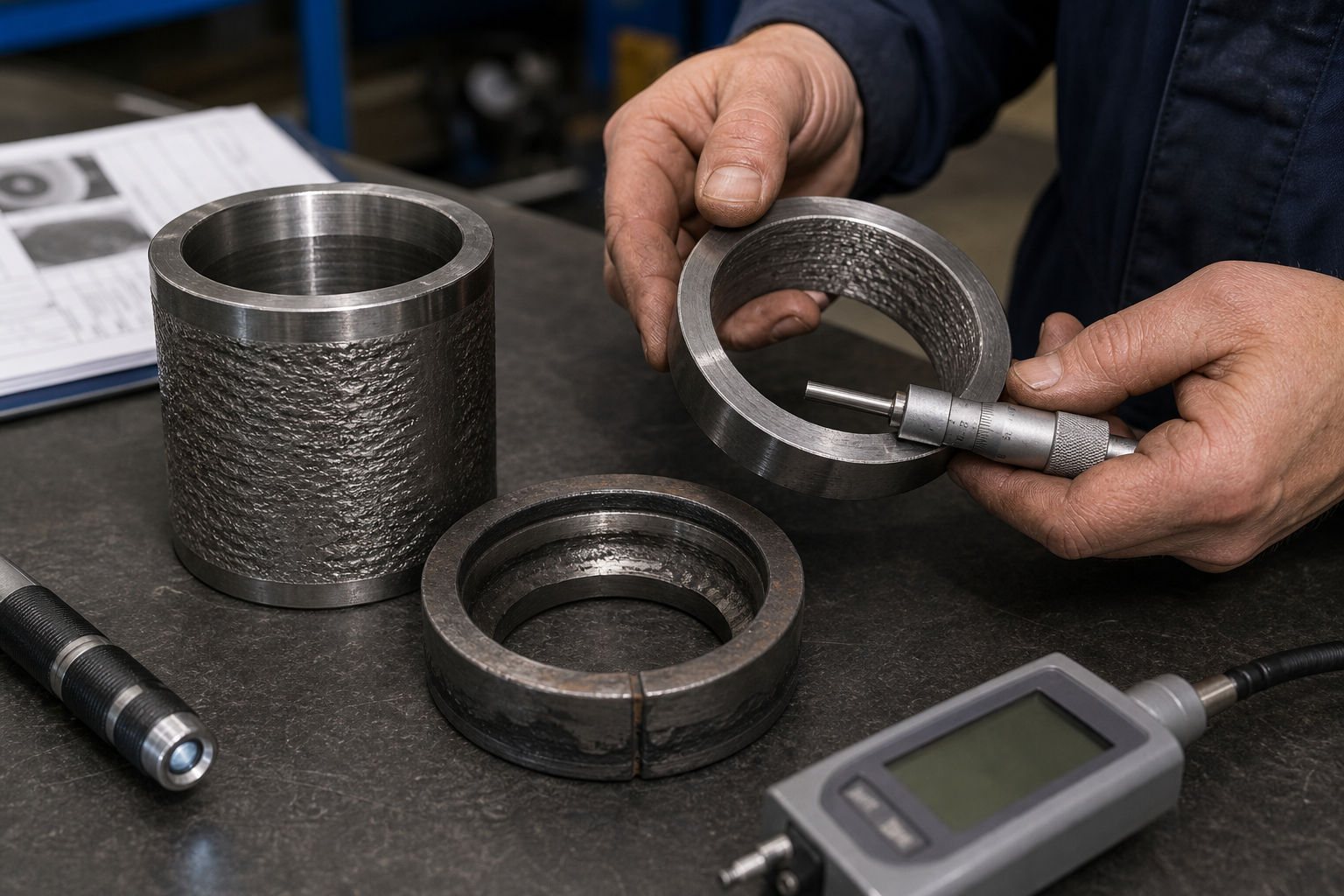 Engineer measuring a damaged cobalt alloy part during failure analysis