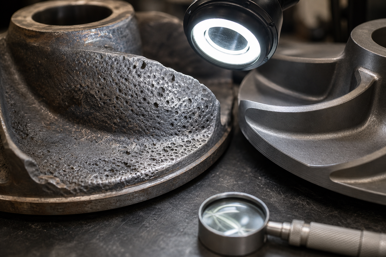 Cavitation pitting and corrosion-wear on a pump component beside a cobalt alloy part