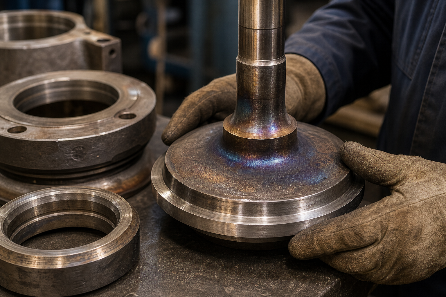 Heat-discolored valve trim component inspected for thermal fatigue resistance