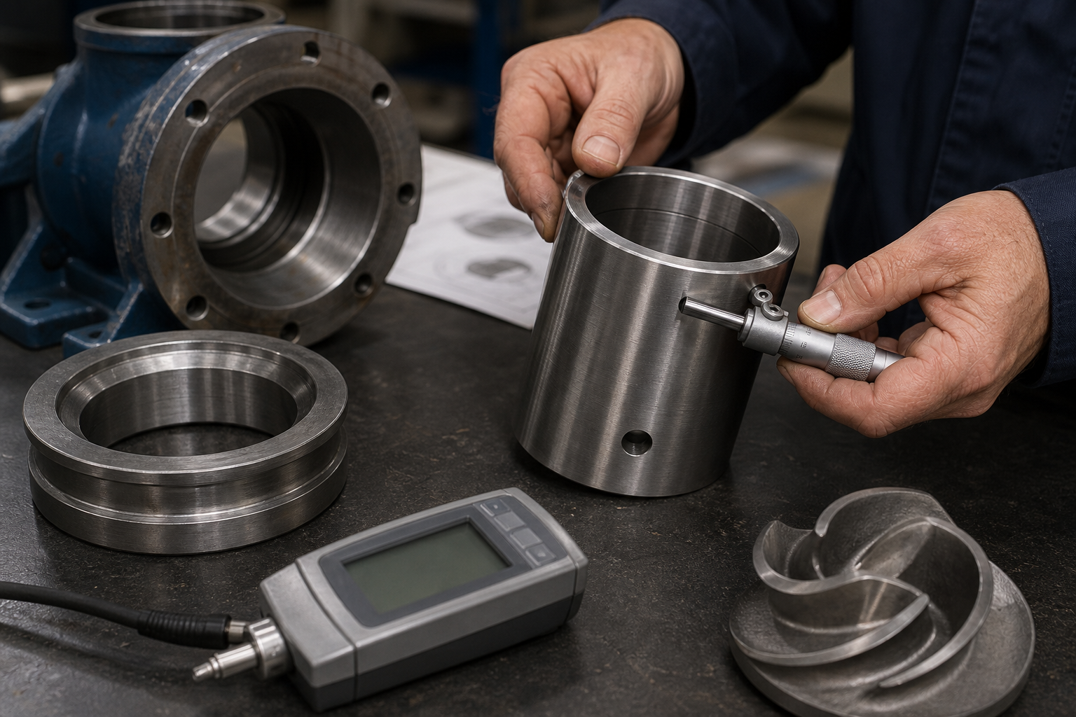 Engineer measuring Stellite 21 pump and valve parts for material selection
